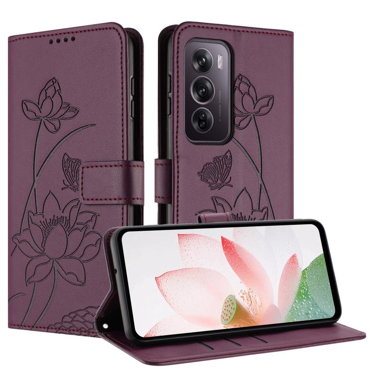 For OPPO Reno12 Pro 5G Global Lotus Embossed Leather Phone Case with Lanyard