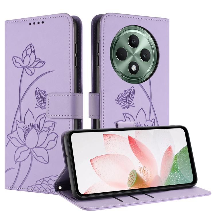For OPPO Reno12 F 5G / 4G Global Lotus Embossed Leather Phone Case with Lanyard