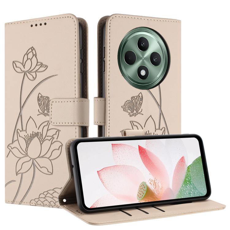 For OPPO Reno12 F 5G / 4G Global Lotus Embossed Leather Phone Case with Lanyard