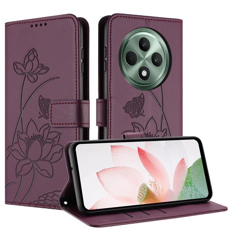For OPPO Reno12 F 5G / 4G Global Lotus Embossed Leather Phone Case with Lanyard