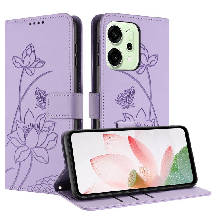 For OPPO Reno14 / Reno14 F 5G Global Lotus Embossed Leather Phone Case with Lanyard