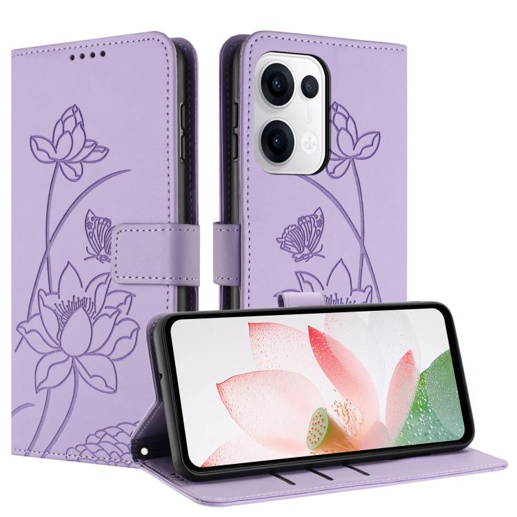 For OPPO Reno13 5G Global Lotus Embossed Leather Phone Case with Lanyard