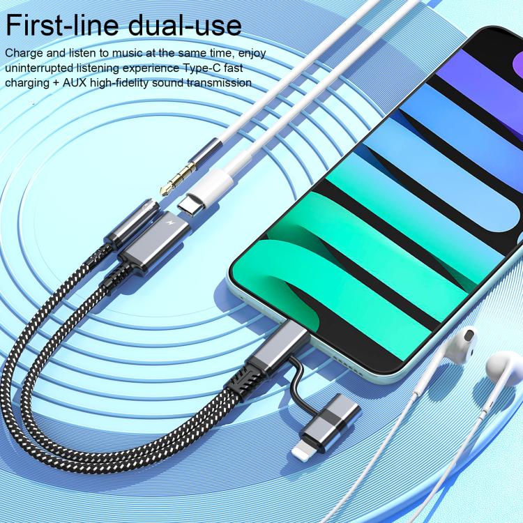 4 in 1 USB-C / Type-C, 8 Pin to USB-C / Type-C, 3.5mm Audio Cable Adapter - Grey