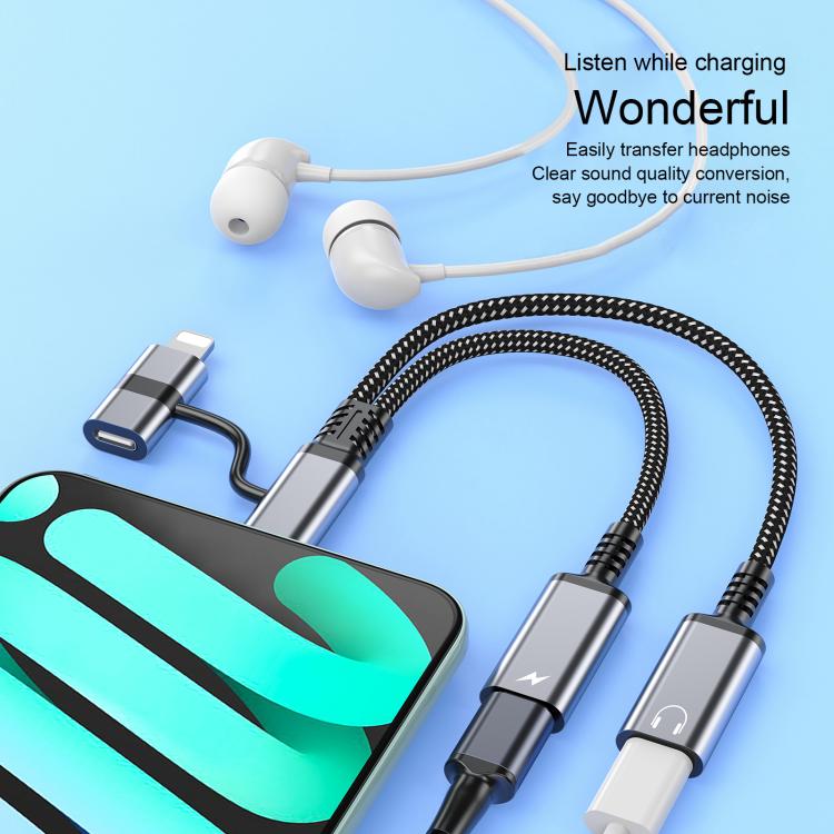 4 in 1 USB-C / Type-C, 8 Pin to USB-C / Type-C, 3.5mm Audio Cable Adapter - Grey