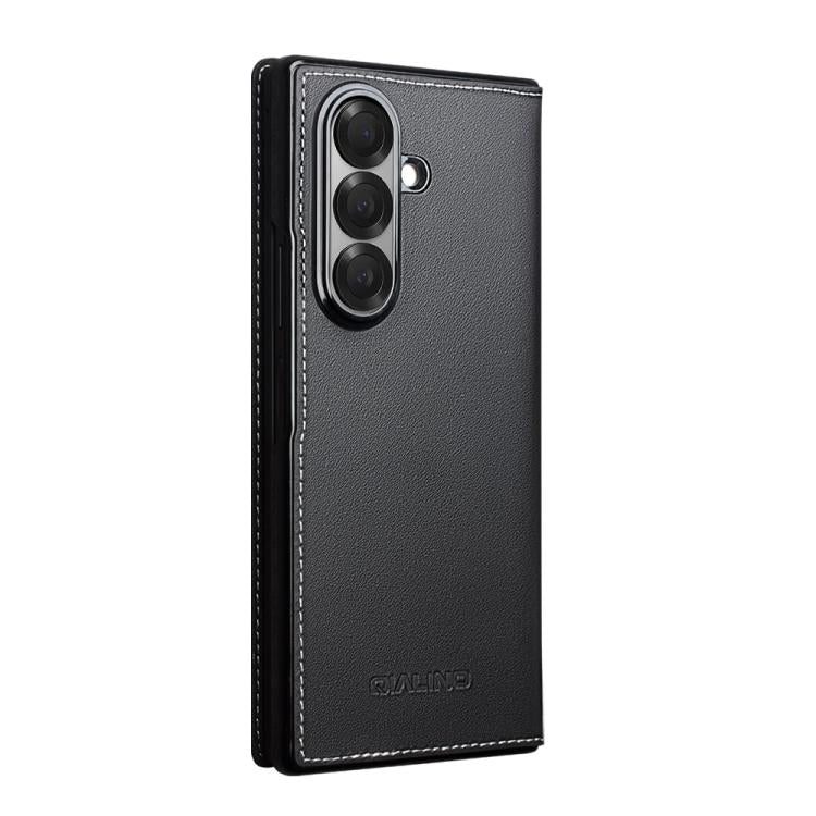 For Samsung Galaxy Z Fold7 5G QIALINO Plain Weave Texture Genuine Leather Phone Case - Black