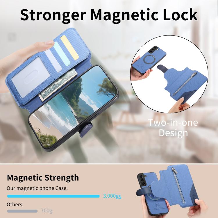 For Galaxy S22+ 5G Twill Fabric MagSafe RFID Anti-theft Zipper Wallet Leather Phone Case