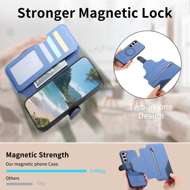 For Galaxy S23+ 5G Twill Fabric MagSafe RFID Anti-theft Zipper Wallet Leather Phone Case