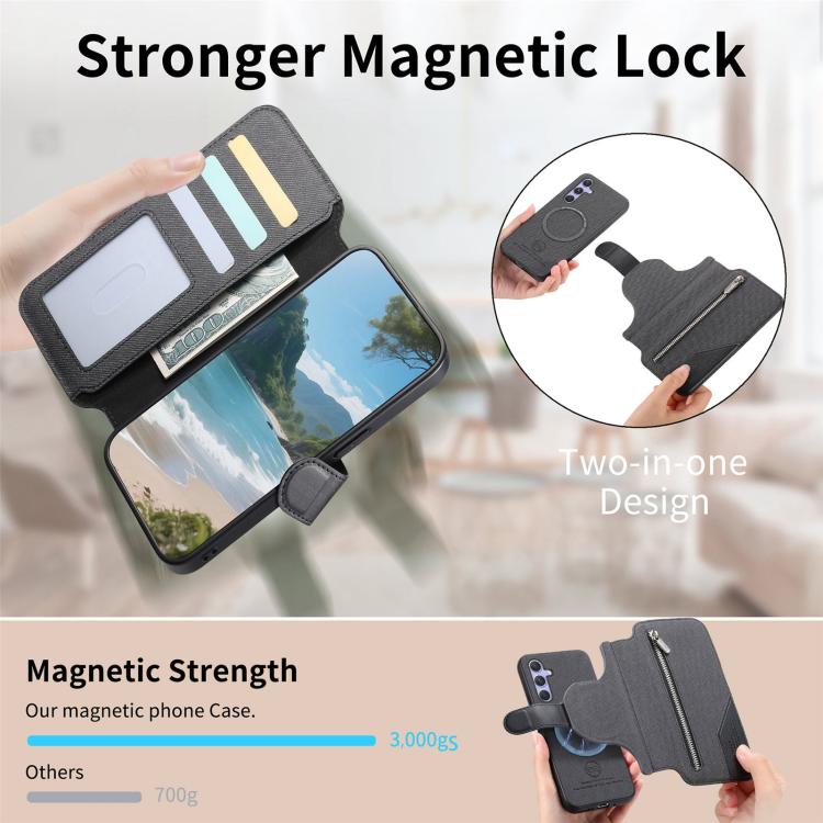 For Galaxy S25 FE 5G Twill Fabric MagSafe RFID Anti-theft Zipper Wallet Leather Phone Case