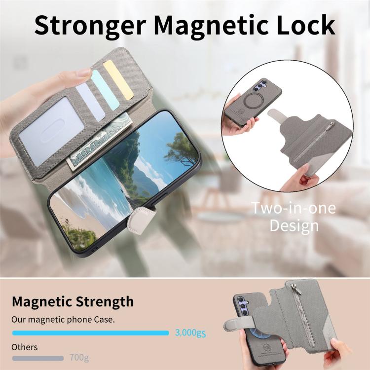 For Galaxy S25 FE 5G Twill Fabric MagSafe RFID Anti-theft Zipper Wallet Leather Phone Case