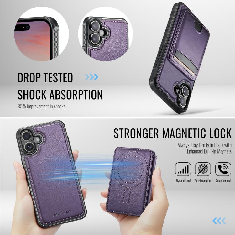 For iPhone 16 Plus JEEHOOD J10 Flip Card Bag MagSafe Split RFID Leather Phone Case