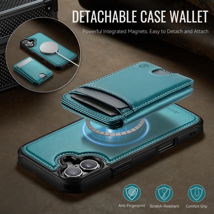 For iPhone 16 Plus JEEHOOD J10 Flip Card Bag MagSafe Split RFID Leather Phone Case