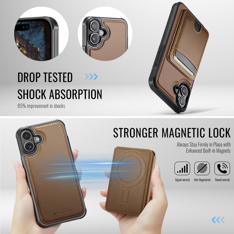 For iPhone 16 Plus JEEHOOD J10 Flip Card Bag MagSafe Split RFID Leather Phone Case