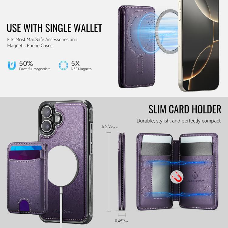 For iPhone 16 JEEHOOD J10 Flip Card Bag MagSafe Split RFID Leather Phone Case