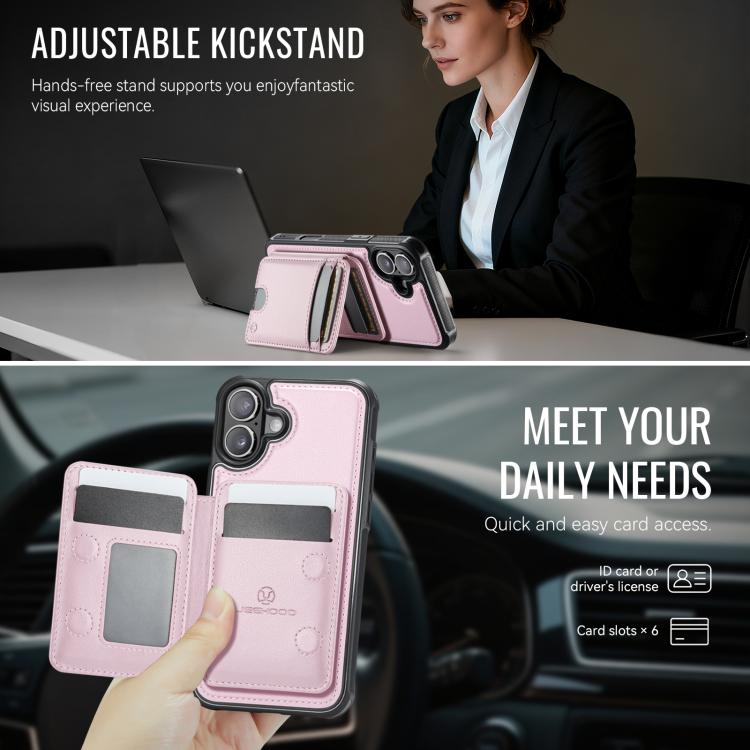 For iPhone 16 JEEHOOD J10 Flip Card Bag MagSafe Split RFID Leather Phone Case