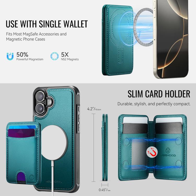 For iPhone 16 JEEHOOD J10 Flip Card Bag MagSafe Split RFID Leather Phone Case