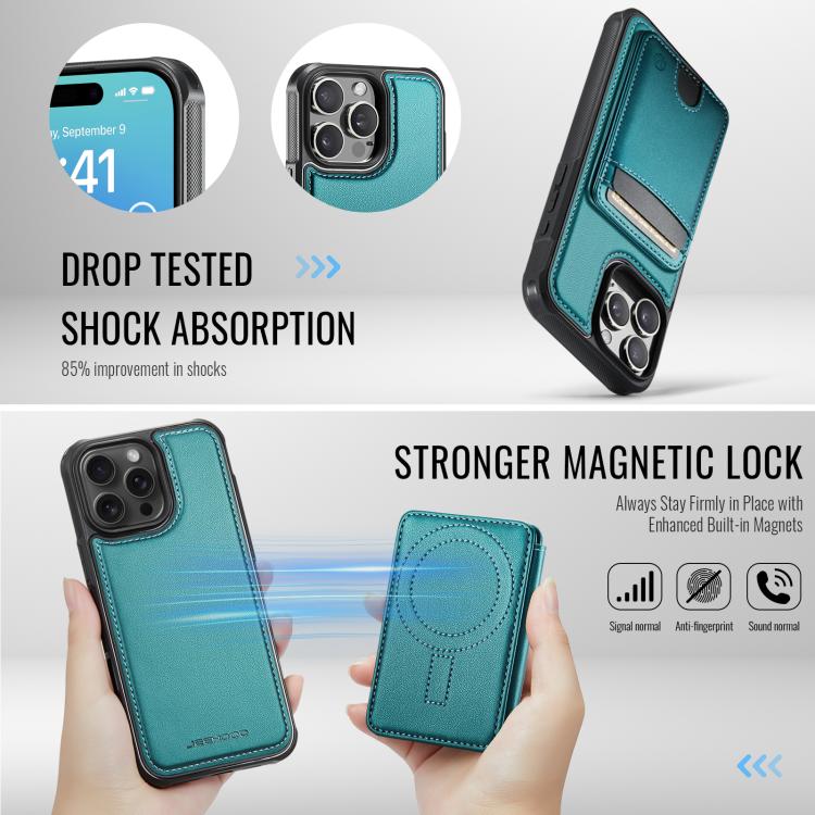 For iPhone 16 Pro Max JEEHOOD J10 Flip Card Bag MagSafe Split RFID Leather Phone Case