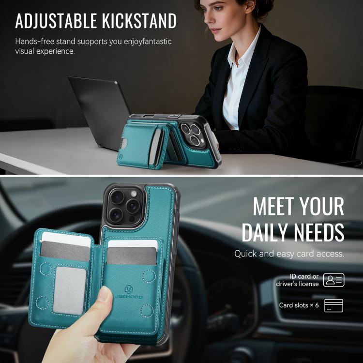 For iPhone 16 Pro Max JEEHOOD J10 Flip Card Bag MagSafe Split RFID Leather Phone Case