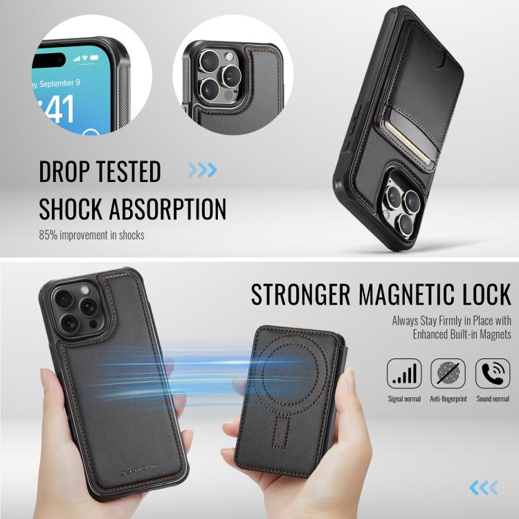 For iPhone 16 Pro Max JEEHOOD J10 Flip Card Bag MagSafe Split RFID Leather Phone Case