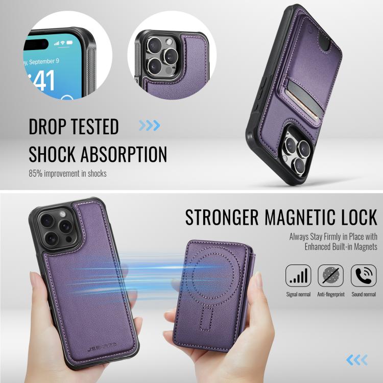 For iPhone 16 Pro JEEHOOD J10 Flip Card Bag MagSafe Split RFID Leather Phone Case