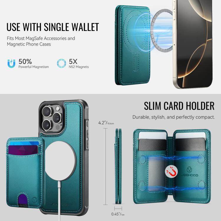 For iPhone 16 Pro JEEHOOD J10 Flip Card Bag MagSafe Split RFID Leather Phone Case