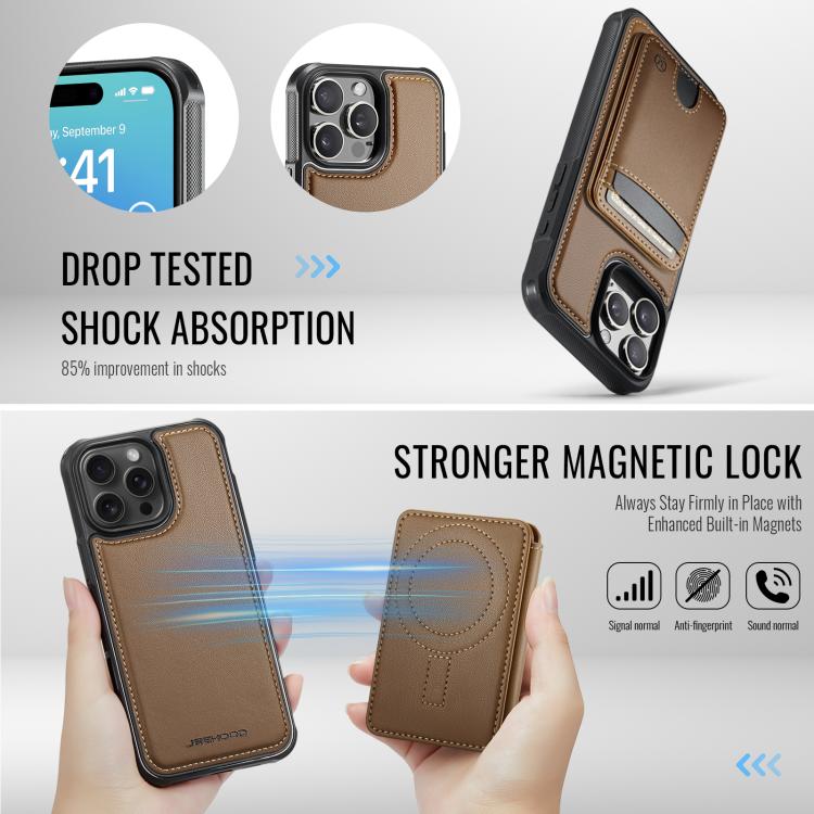 For iPhone 16 Pro JEEHOOD J10 Flip Card Bag MagSafe Split RFID Leather Phone Case
