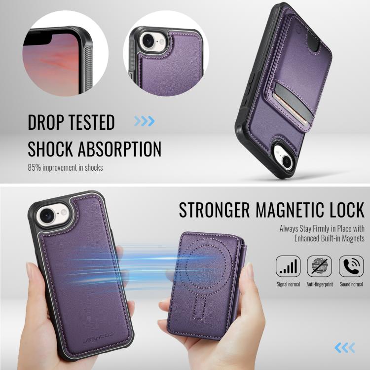 For iPhone 17e / 16e JEEHOOD J10 Flip Card Bag MagSafe Split RFID Leather Phone Case
