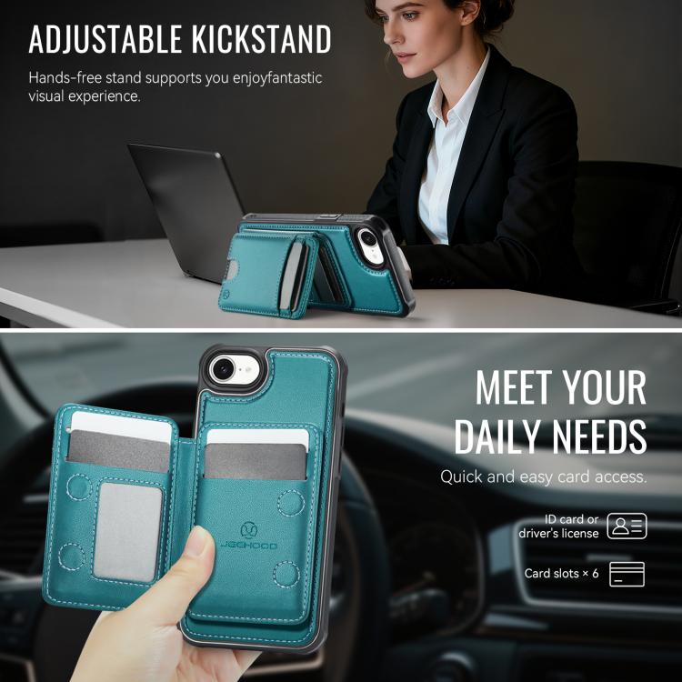For iPhone 17e / 16e JEEHOOD J10 Flip Card Bag MagSafe Split RFID Leather Phone Case