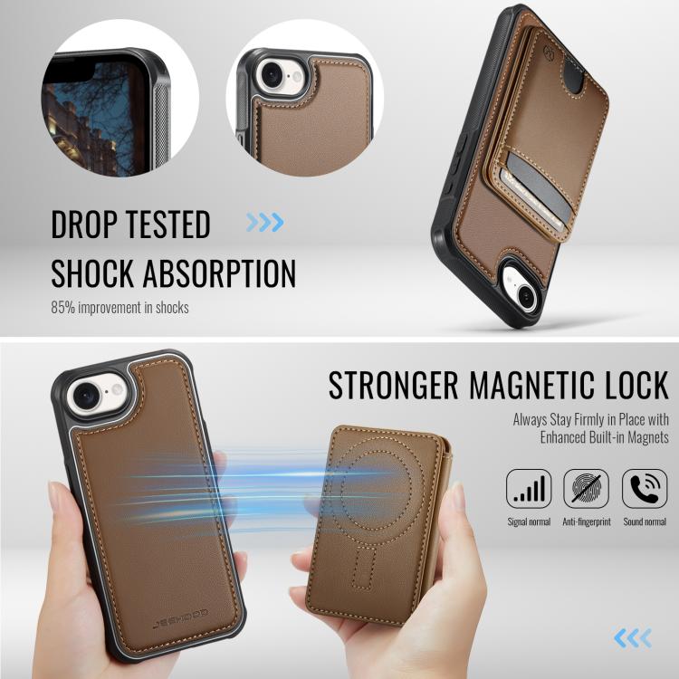 For iPhone 17e / 16e JEEHOOD J10 Flip Card Bag MagSafe Split RFID Leather Phone Case