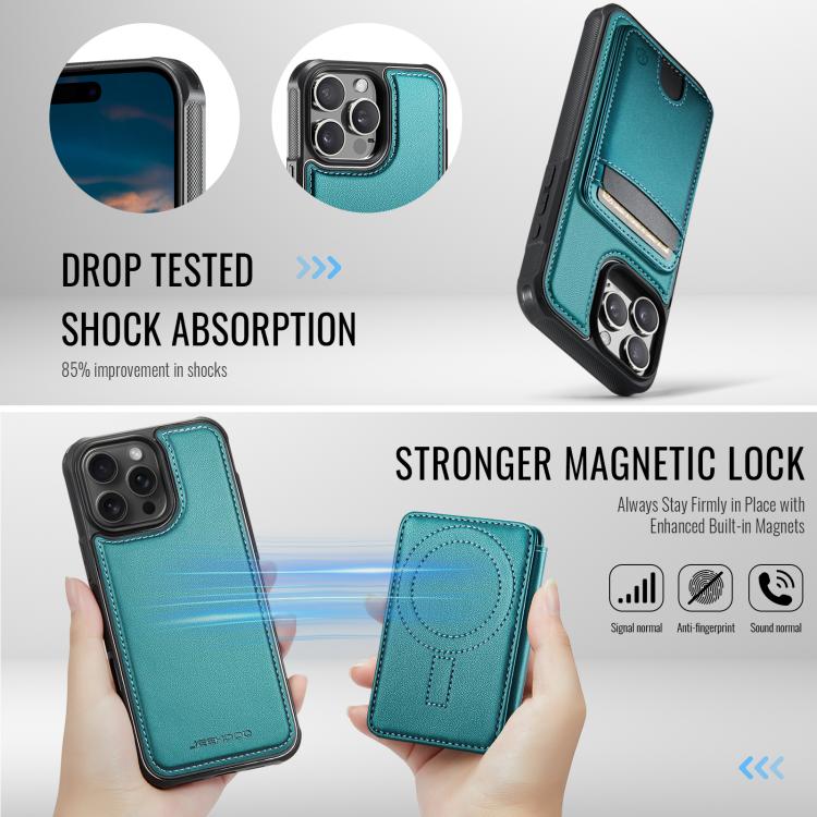 For iPhone 15 Pro JEEHOOD J10 Flip Card Bag MagSafe Split RFID Leather Phone Case