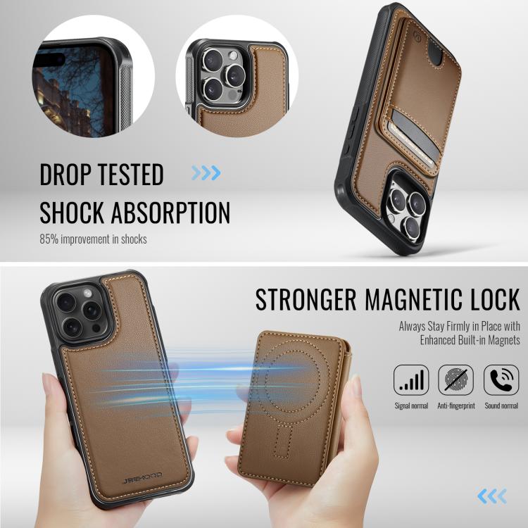 For iPhone 15 Pro JEEHOOD J10 Flip Card Bag MagSafe Split RFID Leather Phone Case