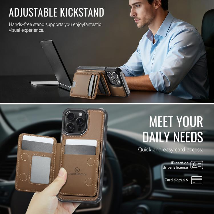 For iPhone 15 Pro JEEHOOD J10 Flip Card Bag MagSafe Split RFID Leather Phone Case