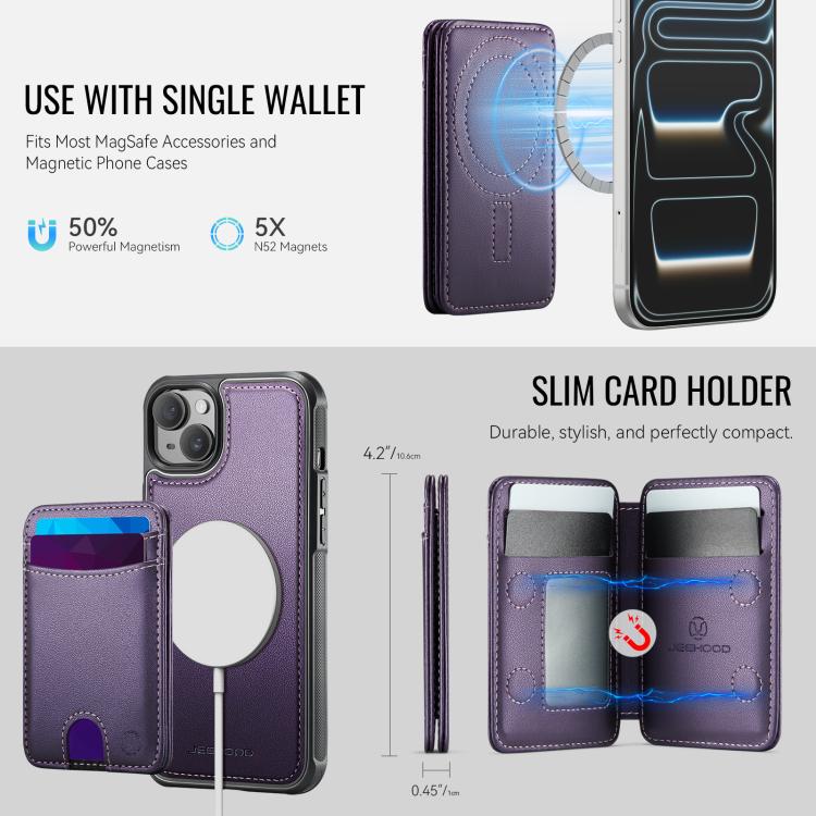 For iPhone 15 Plus JEEHOOD J10 Flip Card Bag MagSafe Split RFID Leather Phone Case
