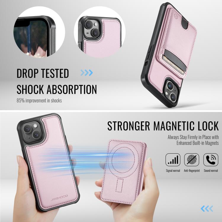 For iPhone 15 Plus JEEHOOD J10 Flip Card Bag MagSafe Split RFID Leather Phone Case