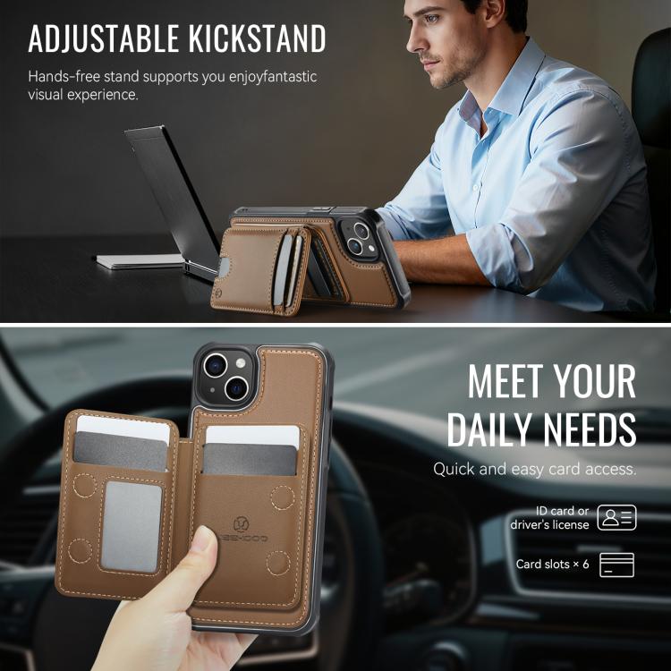 For iPhone 15 Plus JEEHOOD J10 Flip Card Bag MagSafe Split RFID Leather Phone Case