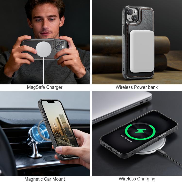 For iPhone 15 Plus JEEHOOD J10 Flip Card Bag MagSafe Split RFID Leather Phone Case