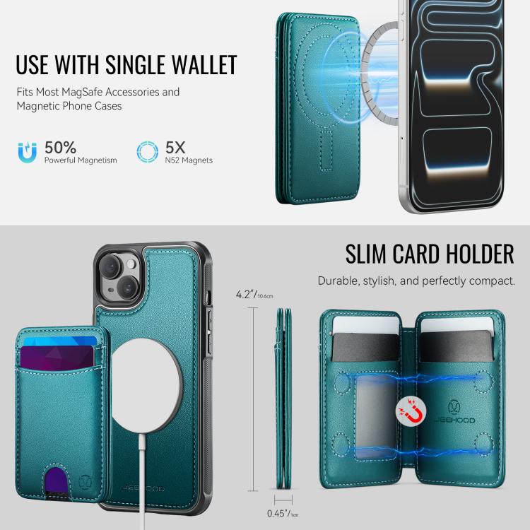 For iPhone 15 JEEHOOD J10 Flip Card Bag MagSafe Split RFID Leather Phone Case