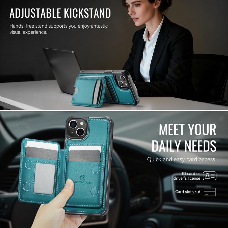 For iPhone 15 JEEHOOD J10 Flip Card Bag MagSafe Split RFID Leather Phone Case