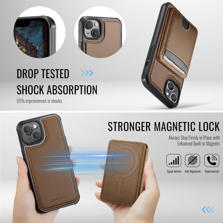 For iPhone 14 Plus JEEHOOD J10 Flip Card Bag MagSafe Split RFID Leather Phone Case