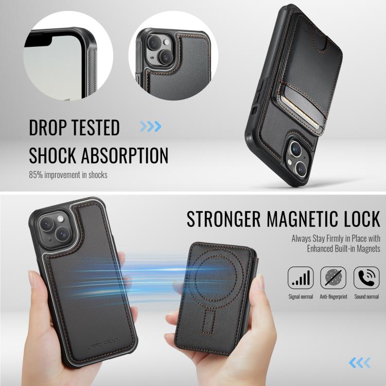 For iPhone 14 Plus JEEHOOD J10 Flip Card Bag MagSafe Split RFID Leather Phone Case