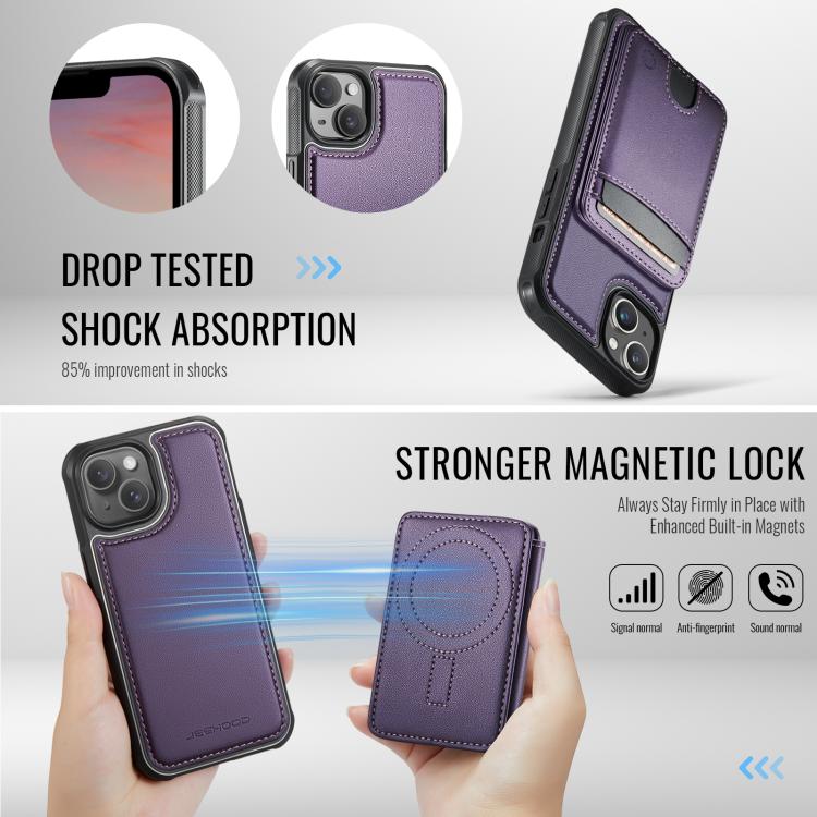 For iPhone 14 JEEHOOD J10 Flip Card Bag MagSafe Split RFID Leather Phone Case