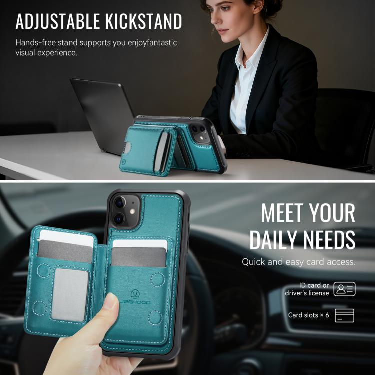 For iPhone 12 JEEHOOD J10 Flip Card Bag MagSafe Split RFID Leather Phone Case