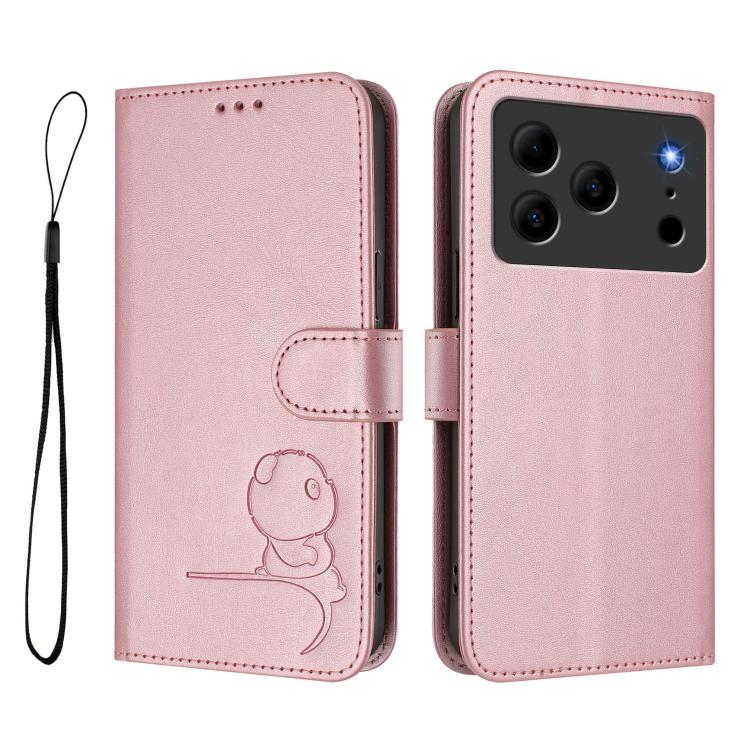 For Doogee N56 / N56 Pro Litter Panda Embossing RFID Leather Phone Case with Lanyard