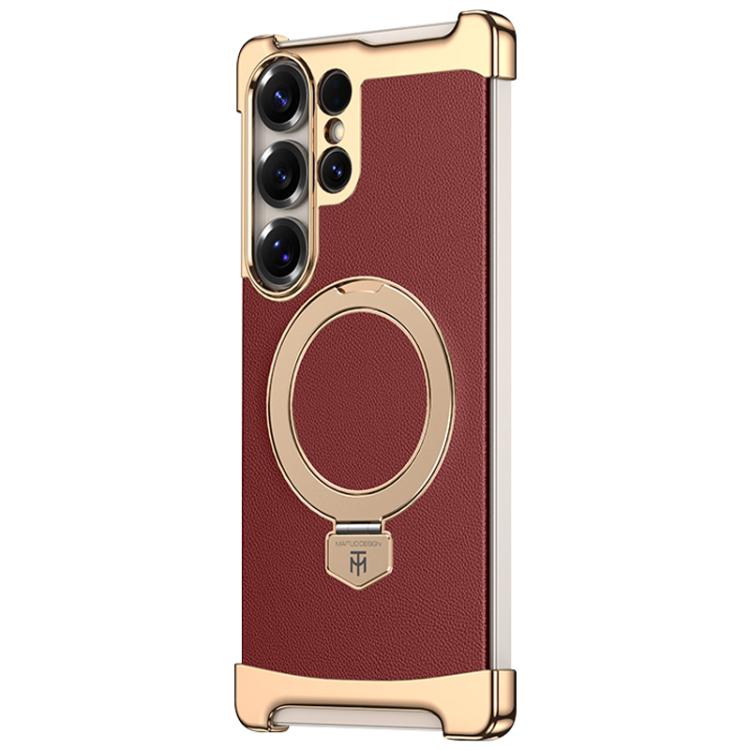 For Samsung Galaxy S25 Ultra 5G Borderless MagSafe Ring Holder Plain Leather Phone Case
