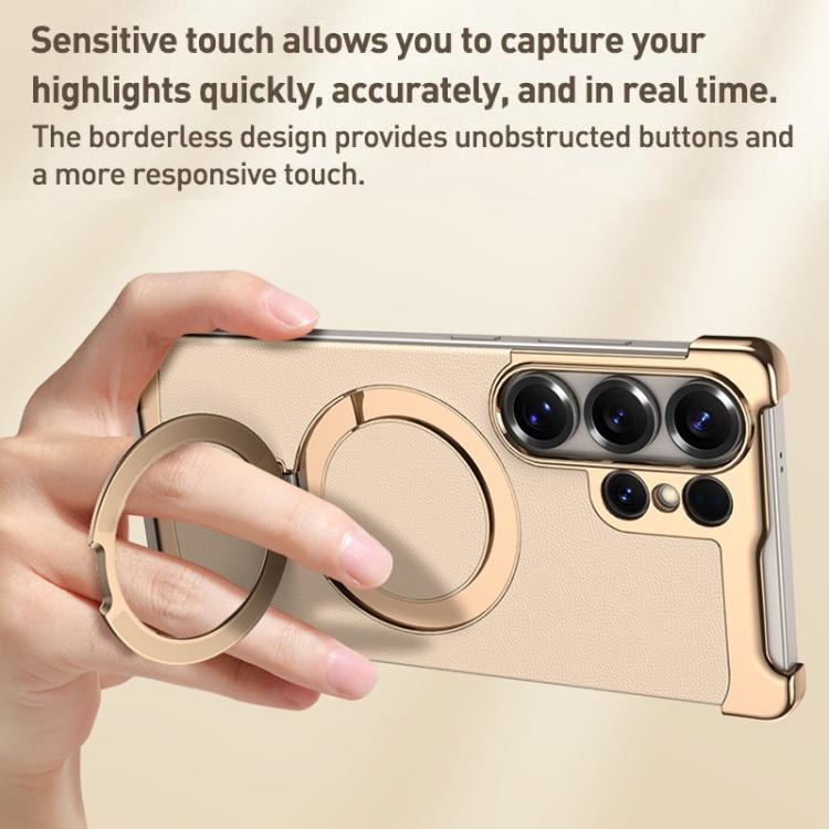 For Samsung Galaxy S24 Ultra 5G Borderless MagSafe Ring Holder Plain Leather Phone Case