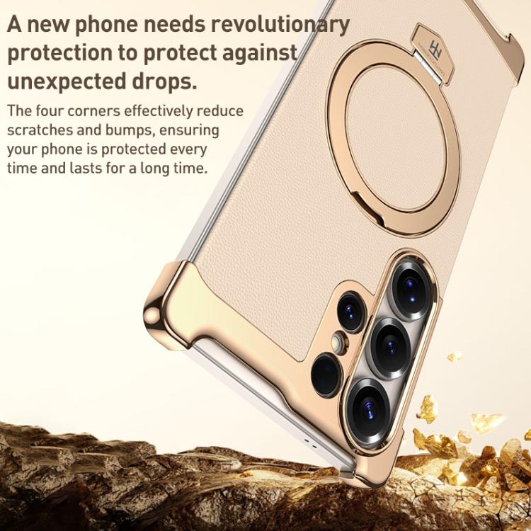 For Samsung Galaxy S24 Ultra 5G Borderless MagSafe Ring Holder Plain Leather Phone Case
