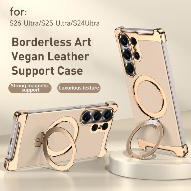 For Samsung Galaxy S24 Ultra 5G Borderless MagSafe Ring Holder Plain Leather Phone Case