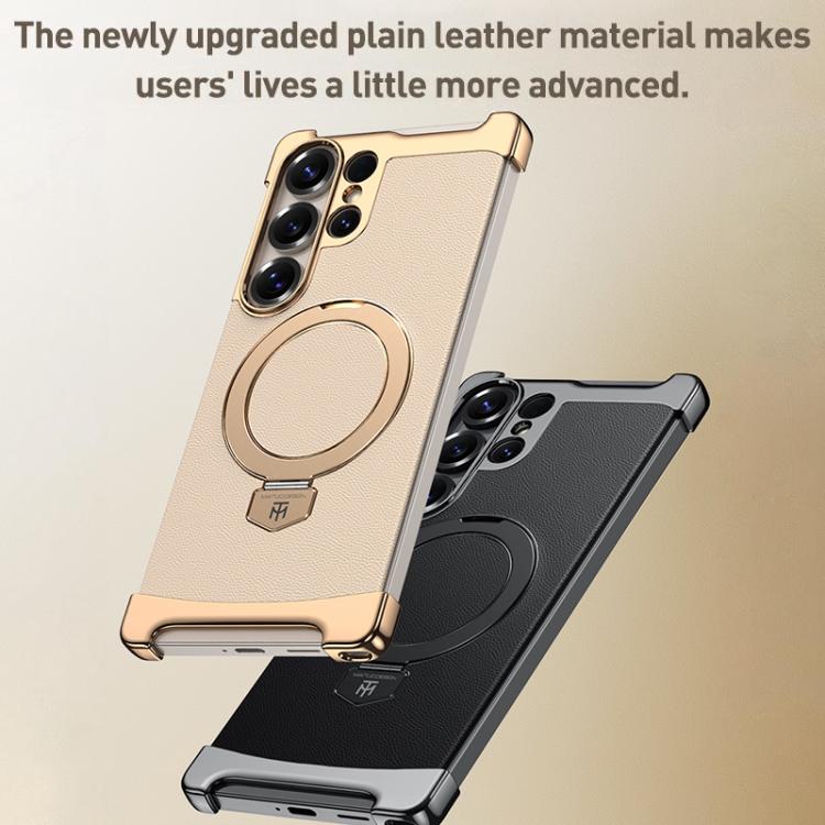 For Samsung Galaxy S24 Ultra 5G Borderless MagSafe Ring Holder Plain Leather Phone Case