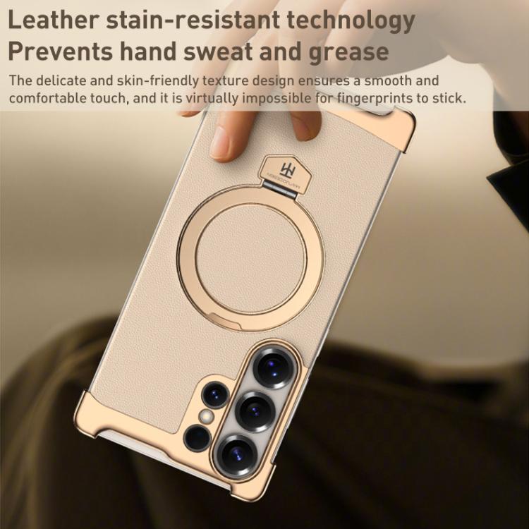 For Samsung Galaxy S24 Ultra 5G Borderless MagSafe Ring Holder Plain Leather Phone Case