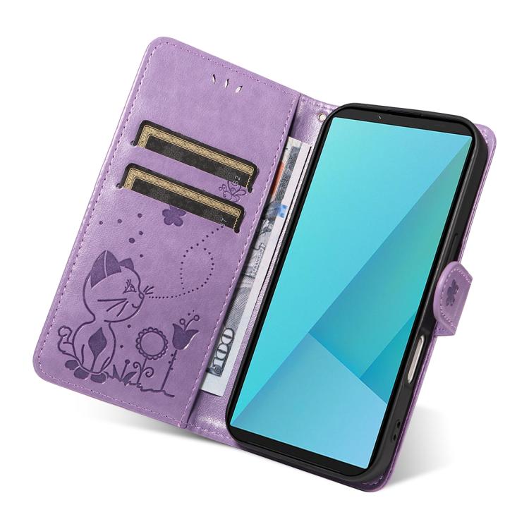For Sony Xperia 10 VII Cat Bee Embossing Pattern Shockproof Leather Case