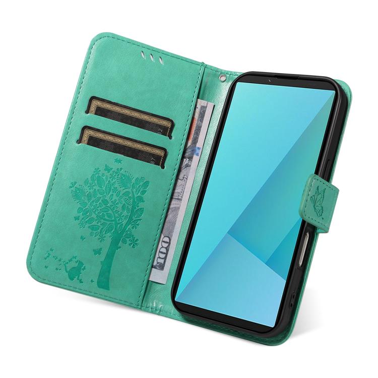 For Sony Xperia 10 VII Tree & Cat Embossed Pattern Flip Leather Phone Case